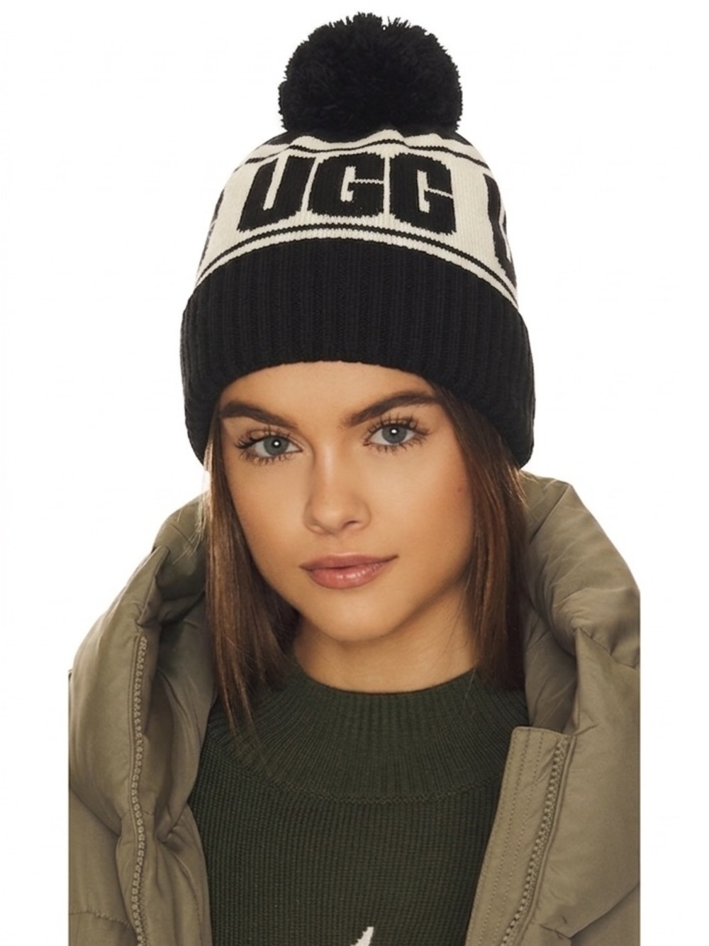 UGG Stadium Wool Logo Black & White Pom Beanie
